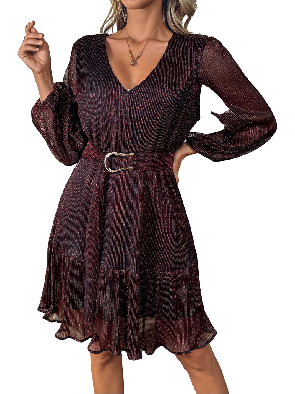 V neck belted dress red and black shimmer
